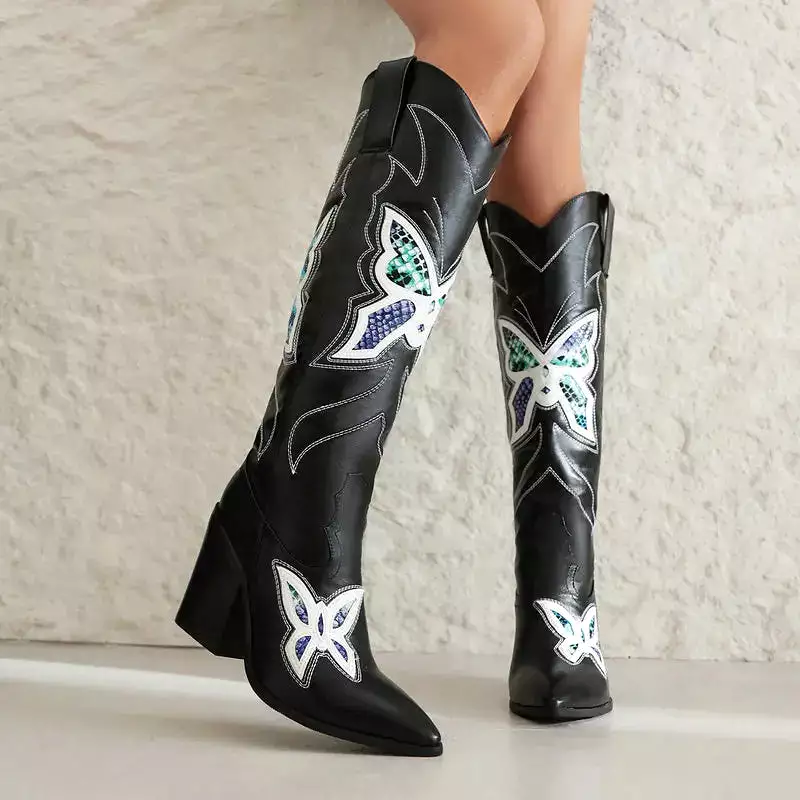 Red Pointed Toe Cowboy Boots with Butterfly Embroidery and Chunky High Heels for Women