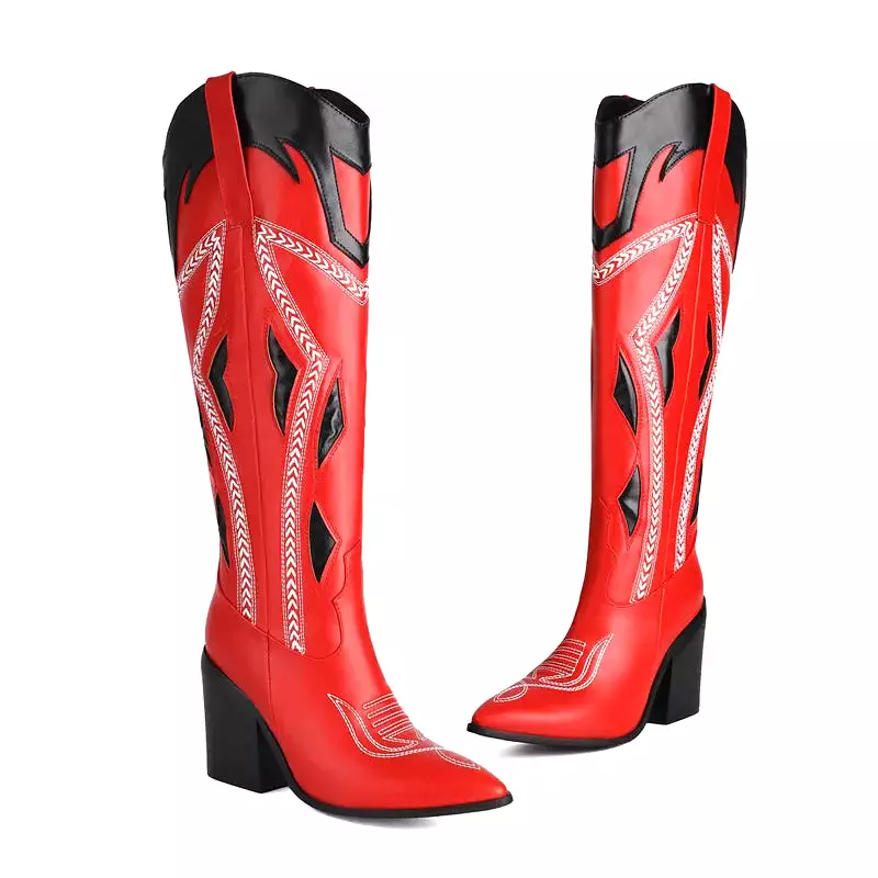 Red Pointed Toe Cowboy Boots with Butterfly Embroidery and Chunky High Heels for Women