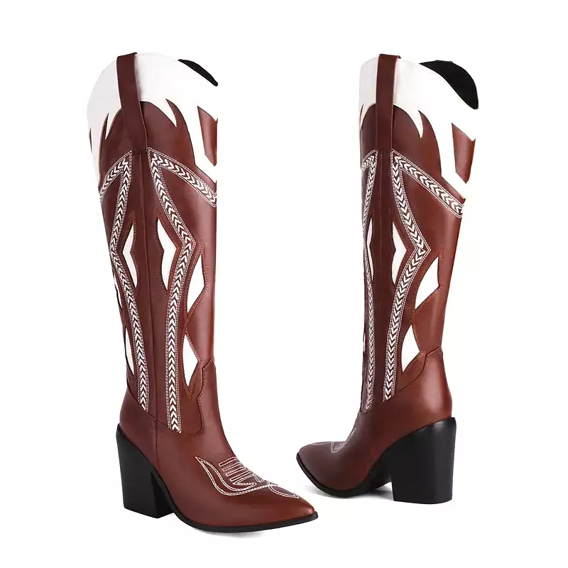 Red Pointed Toe Cowboy Boots with Butterfly Embroidery and Chunky High Heels for Women