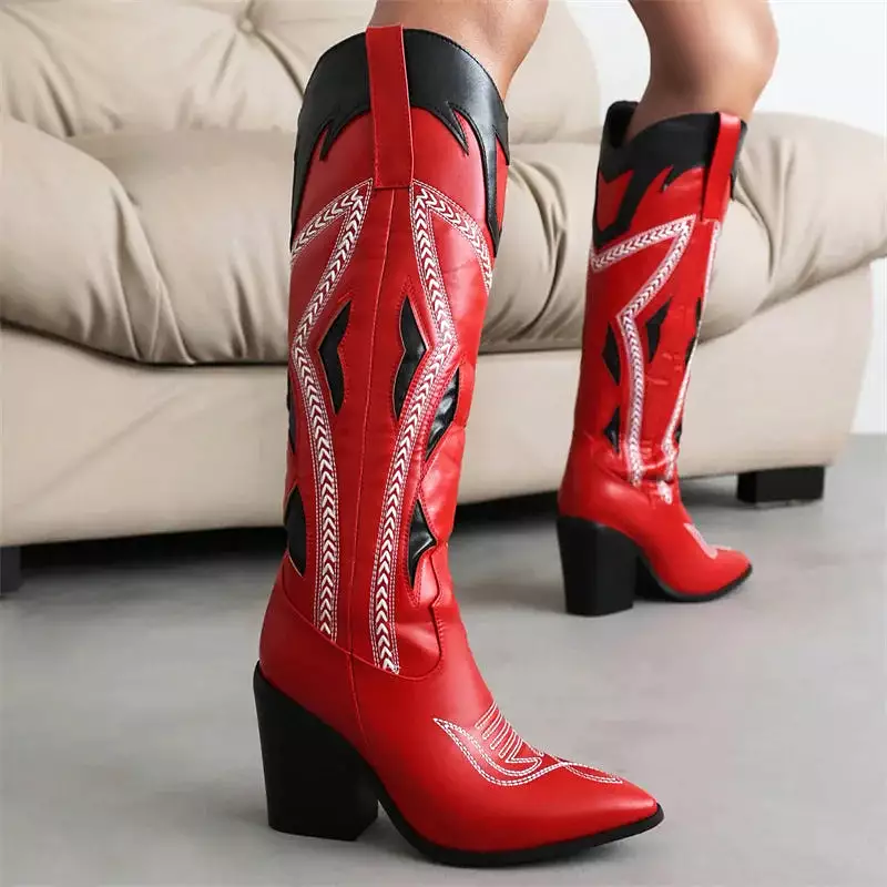 Red Pointed Toe Cowboy Boots with Butterfly Embroidery and Chunky High Heels for Women