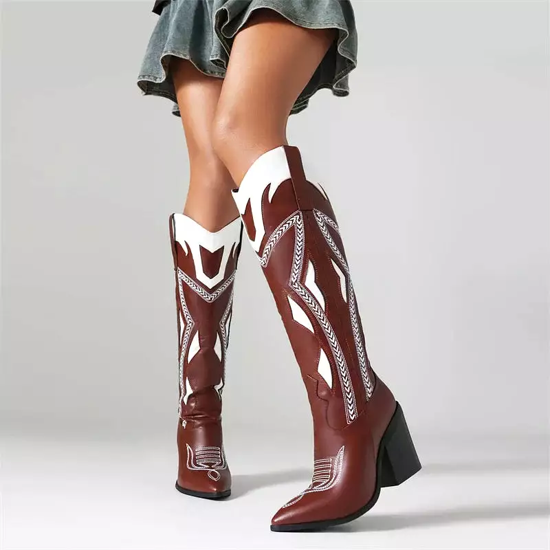 Red Pointed Toe Cowboy Boots with Butterfly Embroidery and Chunky High Heels for Women