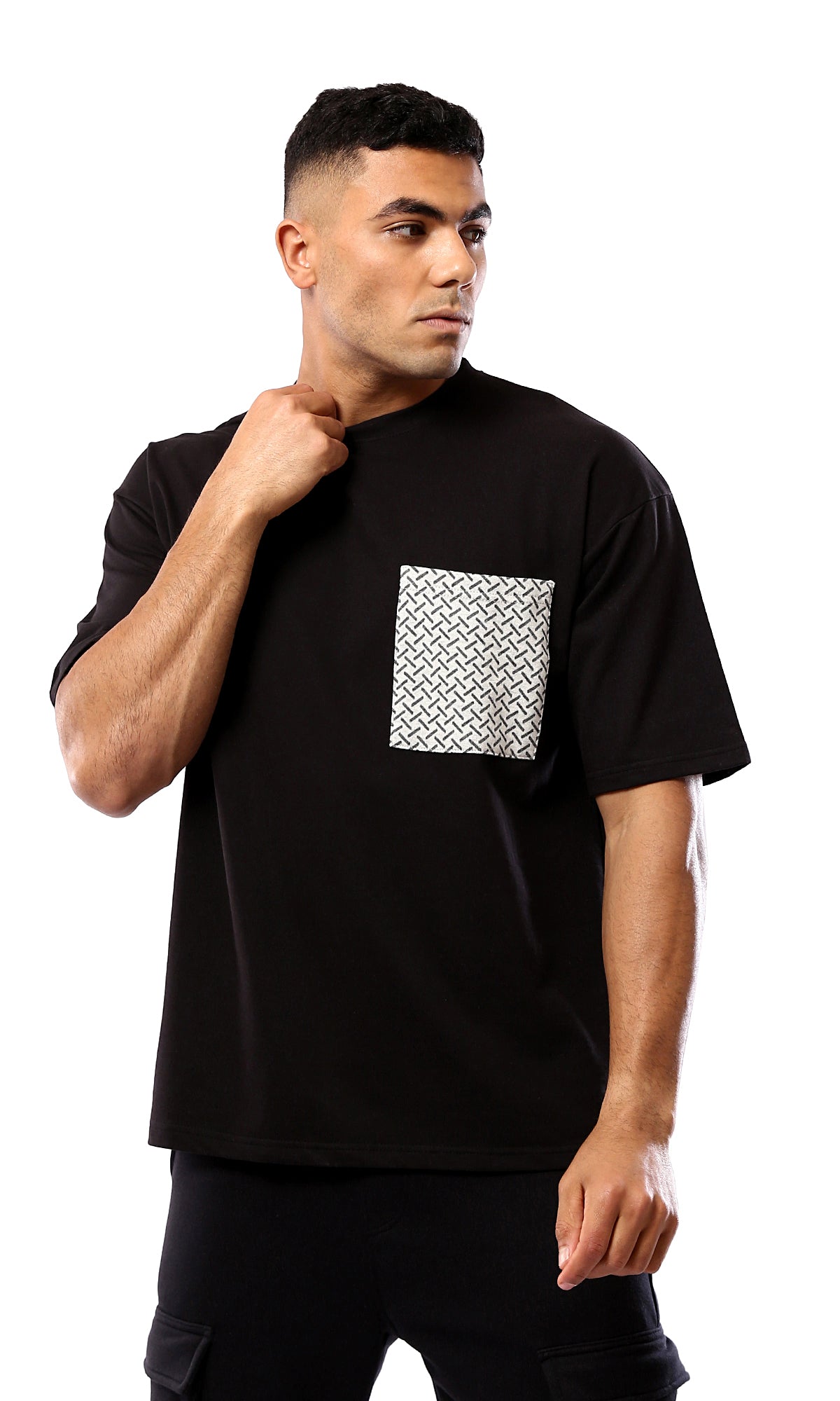 Relaxed Fit Black Tee - Front Patterned Pocket