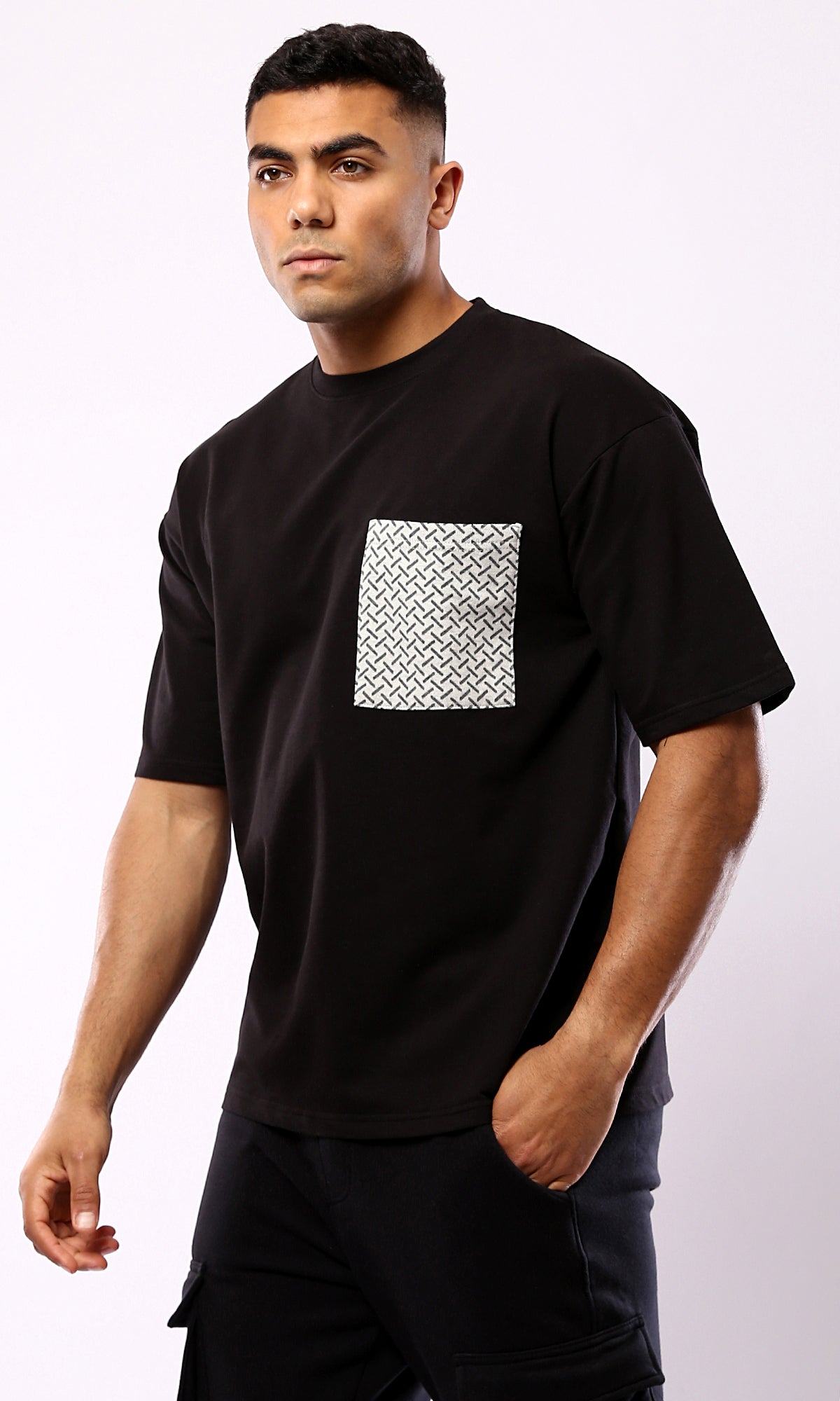 Relaxed Fit Black Tee - Front Patterned Pocket