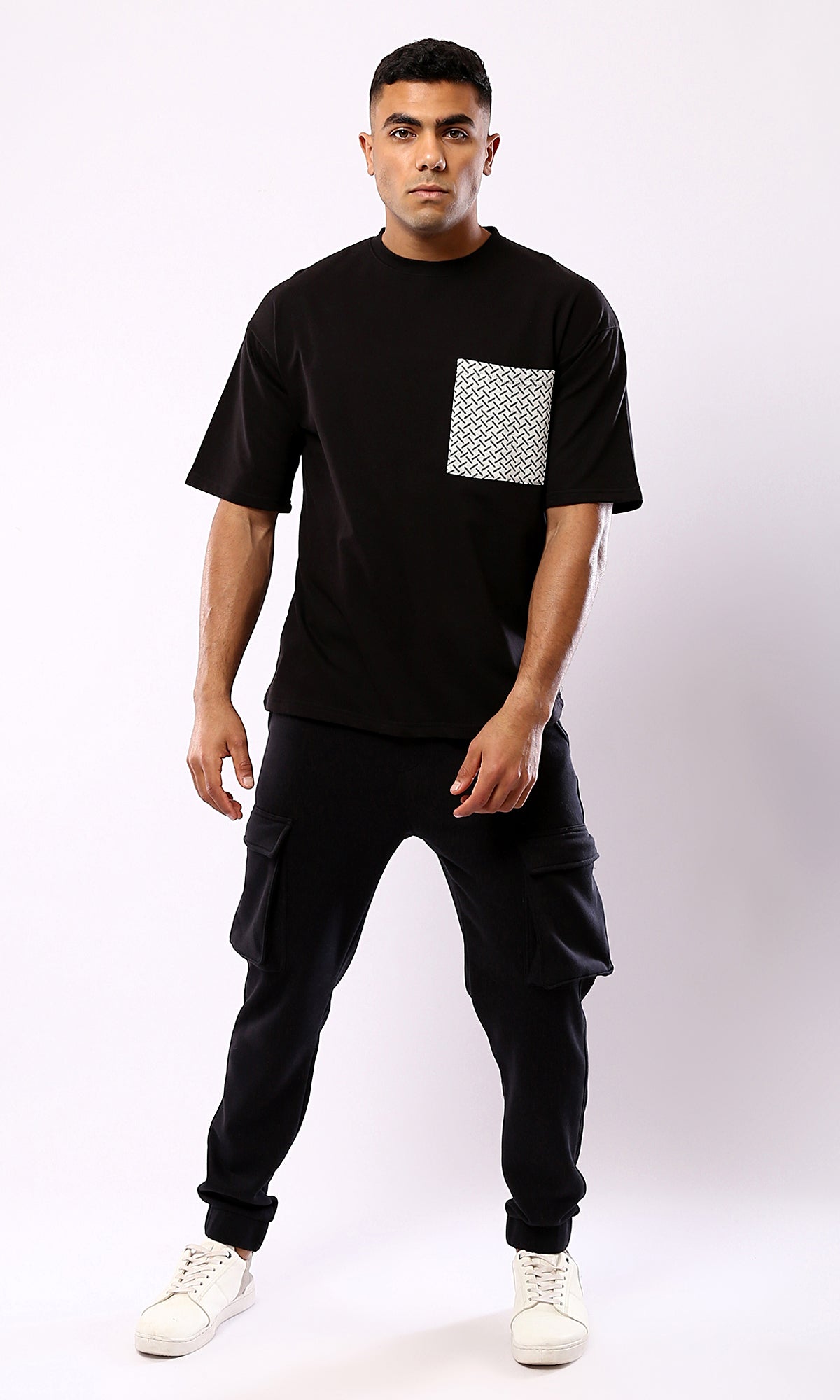 Relaxed Fit Black Tee - Front Patterned Pocket