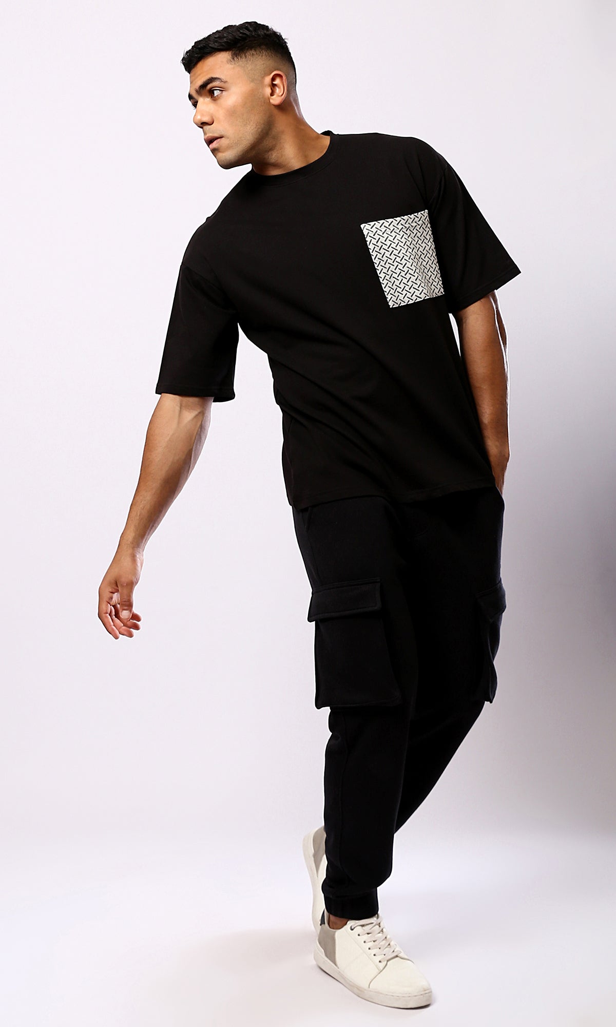 Relaxed Fit Black Tee - Front Patterned Pocket