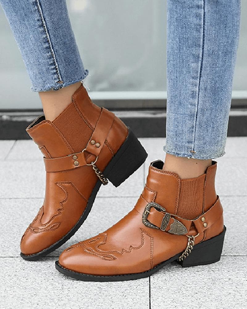 Retro Buckle Slip On Ankle Boots