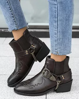 Retro Buckle Slip On Ankle Boots