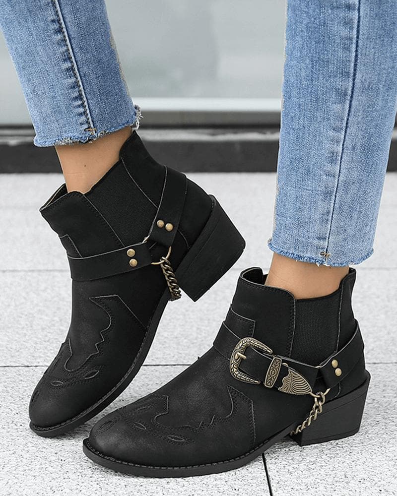 Retro Buckle Slip On Ankle Boots