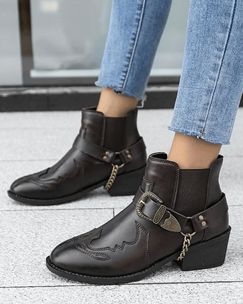 Retro Buckle Slip On Ankle Boots