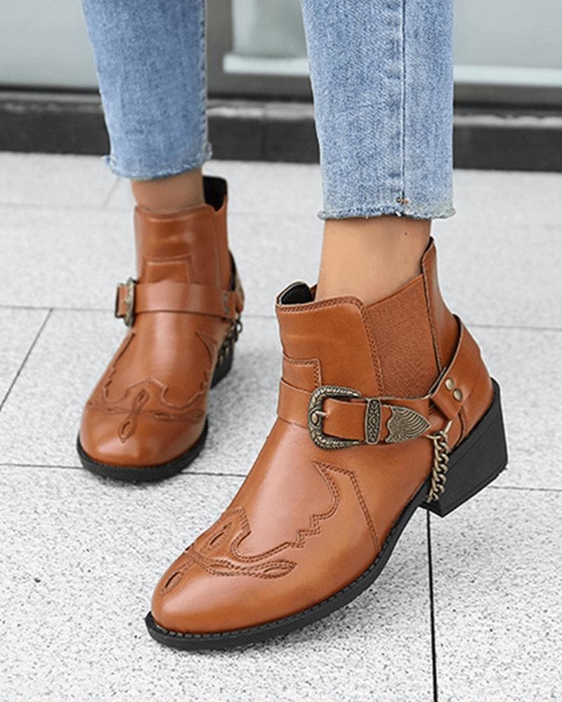 Retro Buckle Slip On Ankle Boots