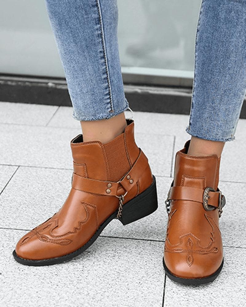 Retro Buckle Slip On Ankle Boots