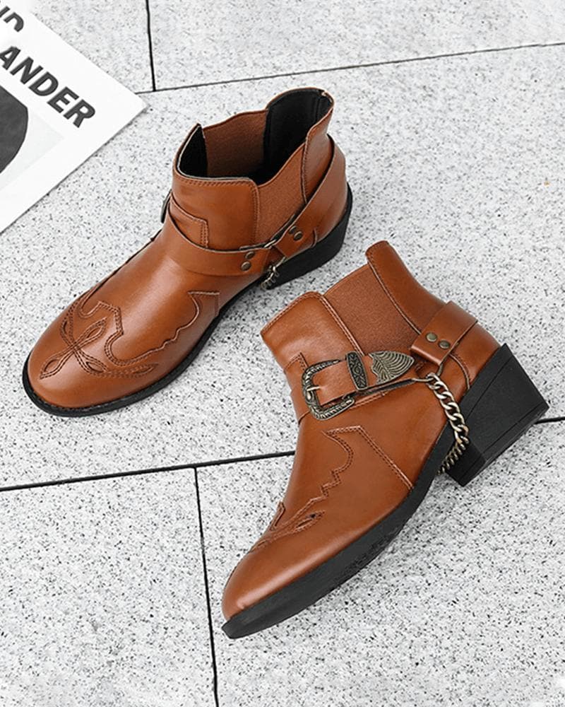 Retro Buckle Slip On Ankle Boots