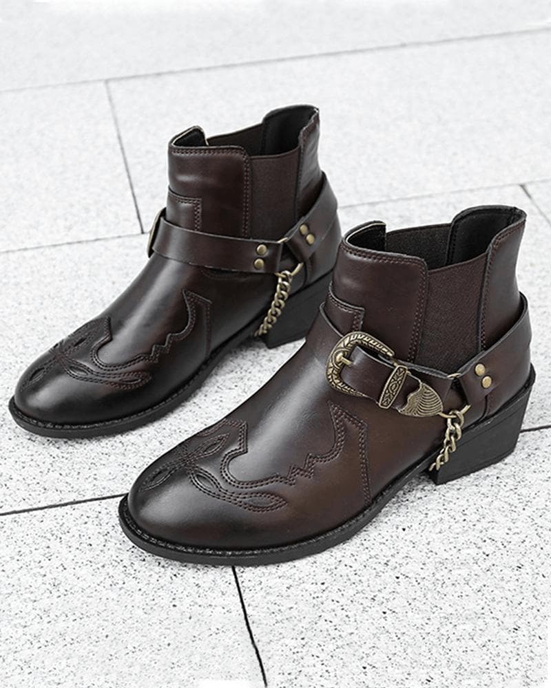 Retro Buckle Slip On Ankle Boots