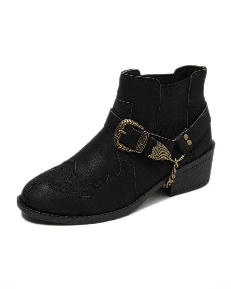 Retro Buckle Slip On Ankle Boots