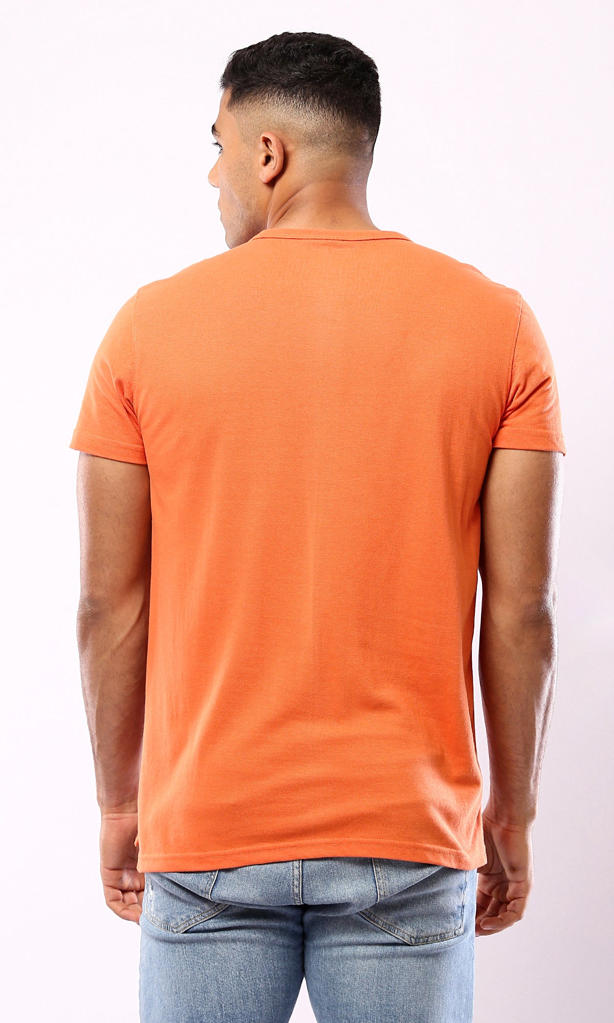 Short Sleeve Orange Button Henley Shirt.