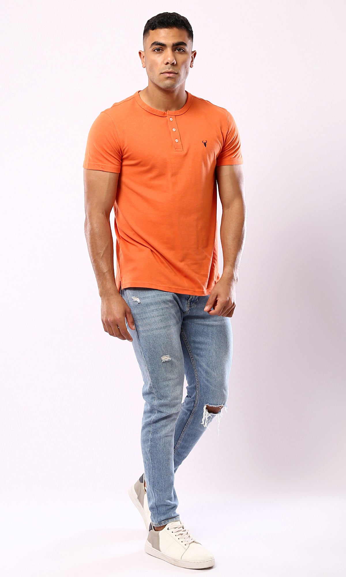 Short Sleeve Orange Button Henley Shirt.