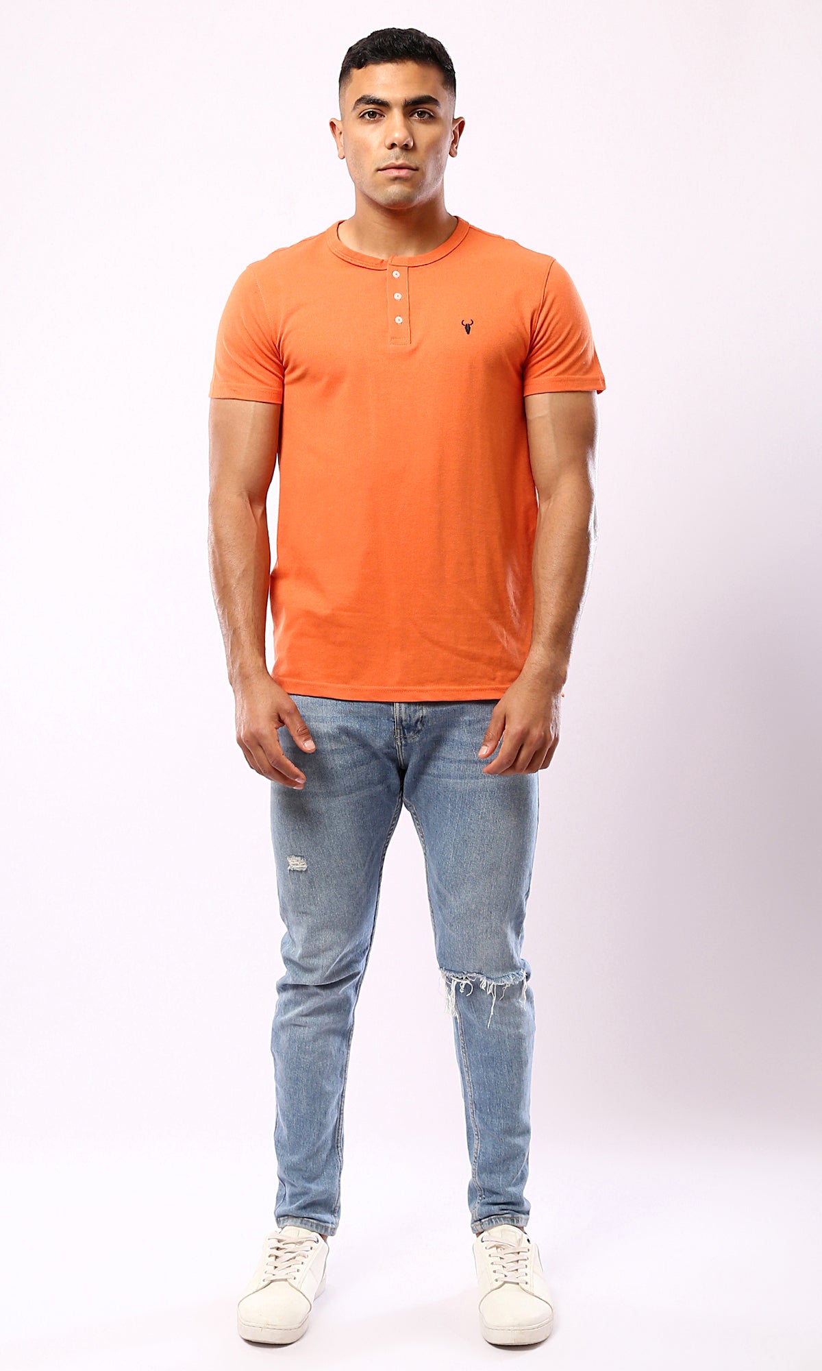 Short Sleeve Orange Button Henley Shirt.