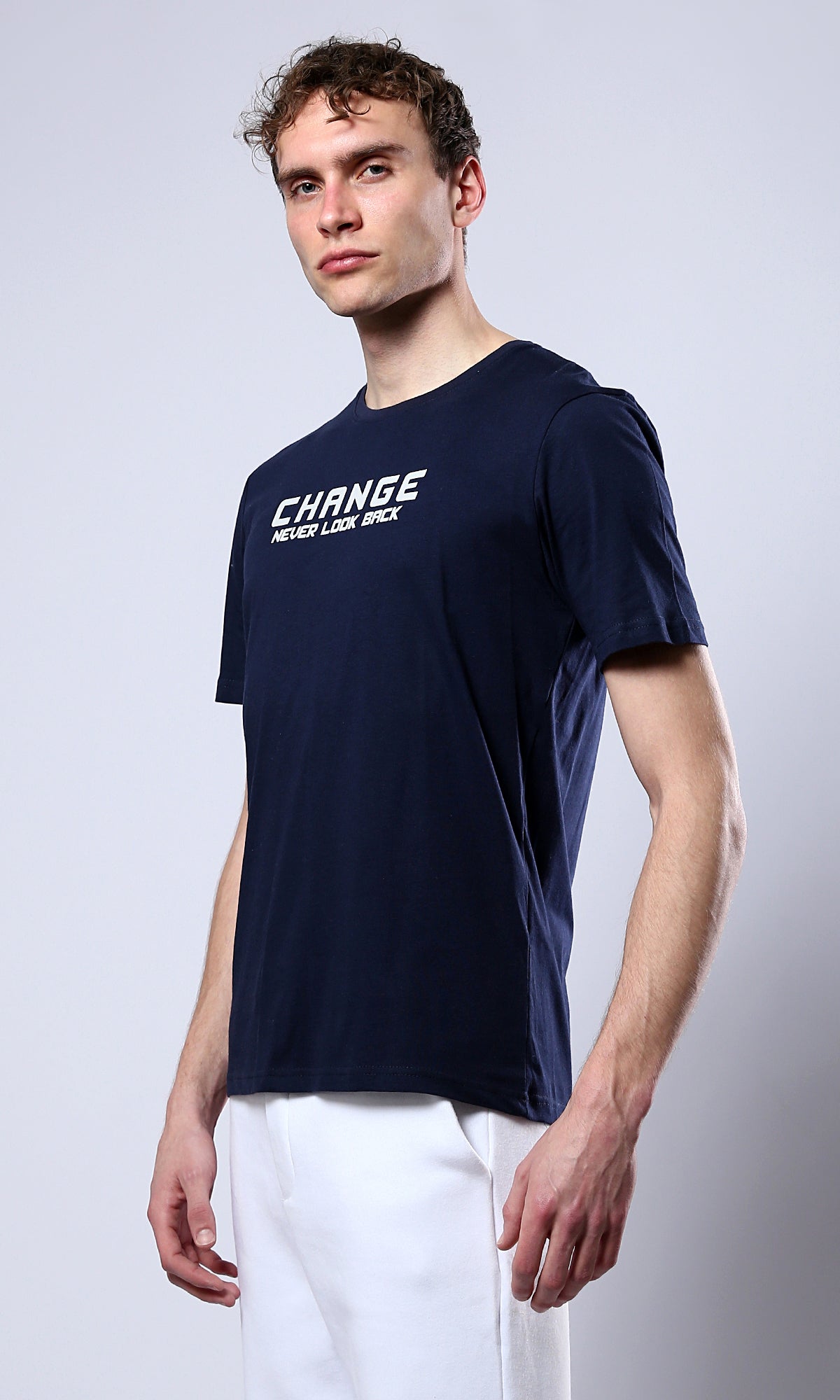 Short Sleeves Navy Blue Tee with Print Design - O179019