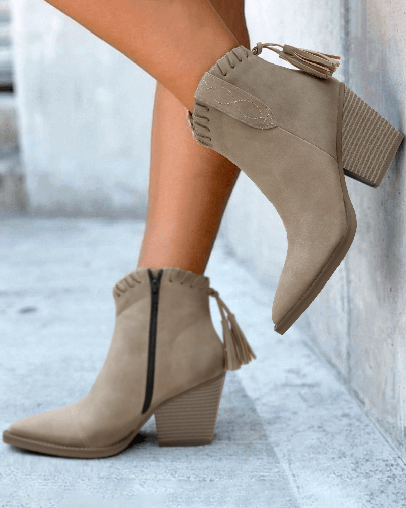 Tassel Zipper Chunky Heel Ankle Boots