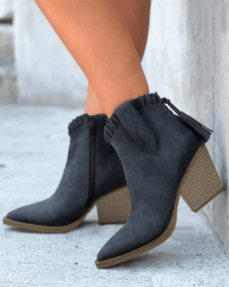 Tassel Zipper Chunky Heel Ankle Boots