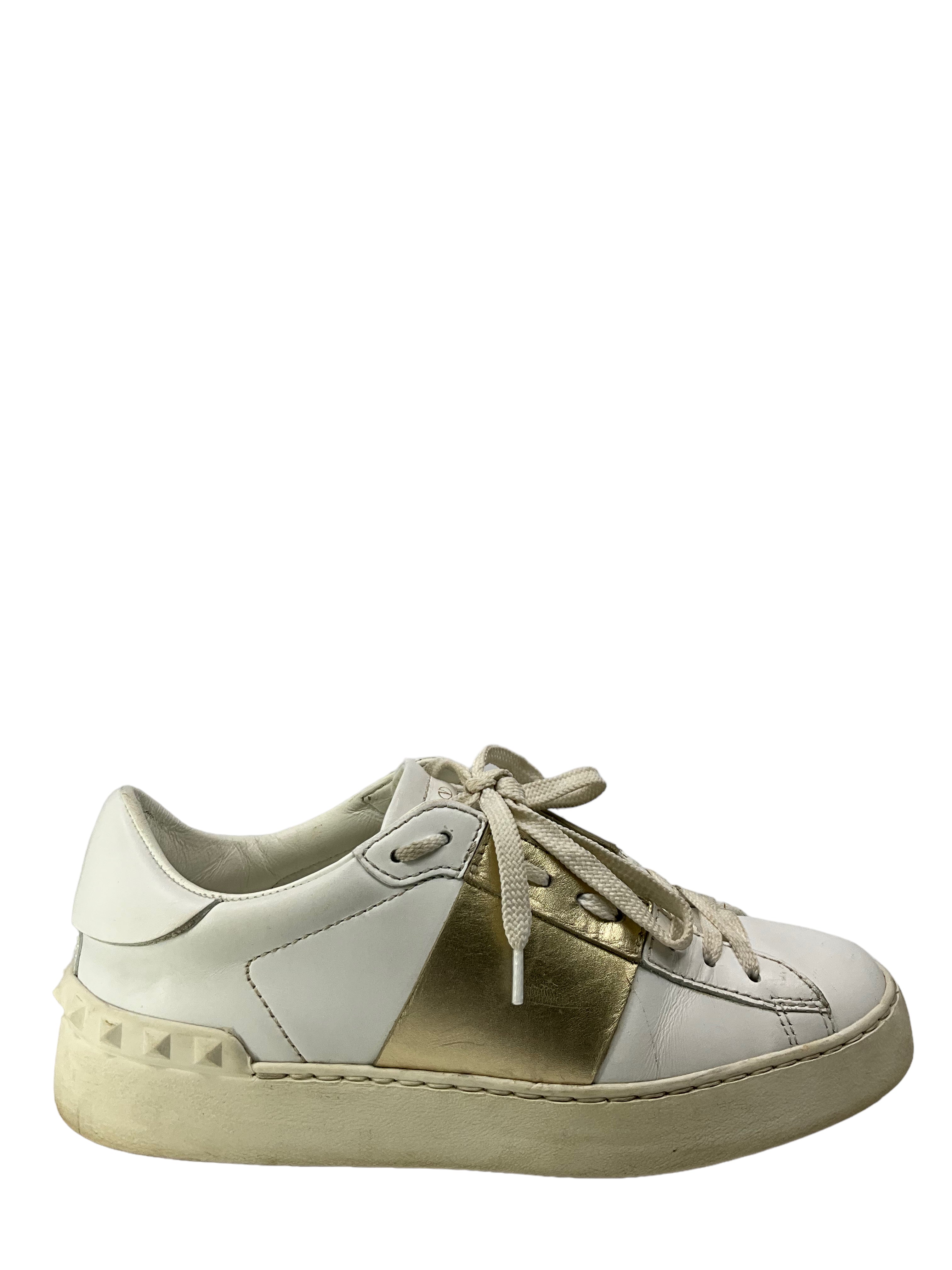 Valentino Garavani Rockstud White Gold Leather Sneakers 6.5