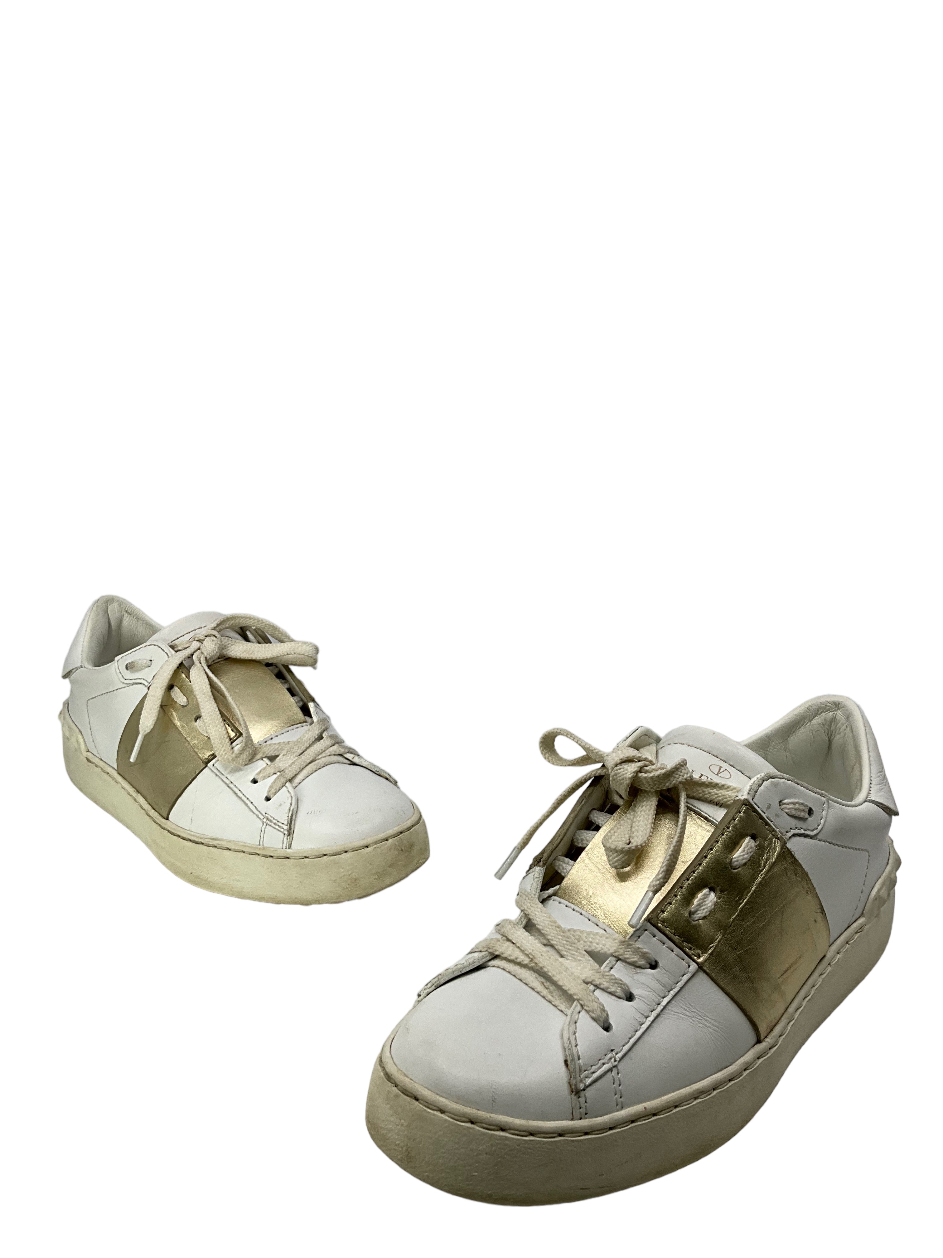 Valentino Garavani Rockstud White Gold Leather Sneakers 6.5