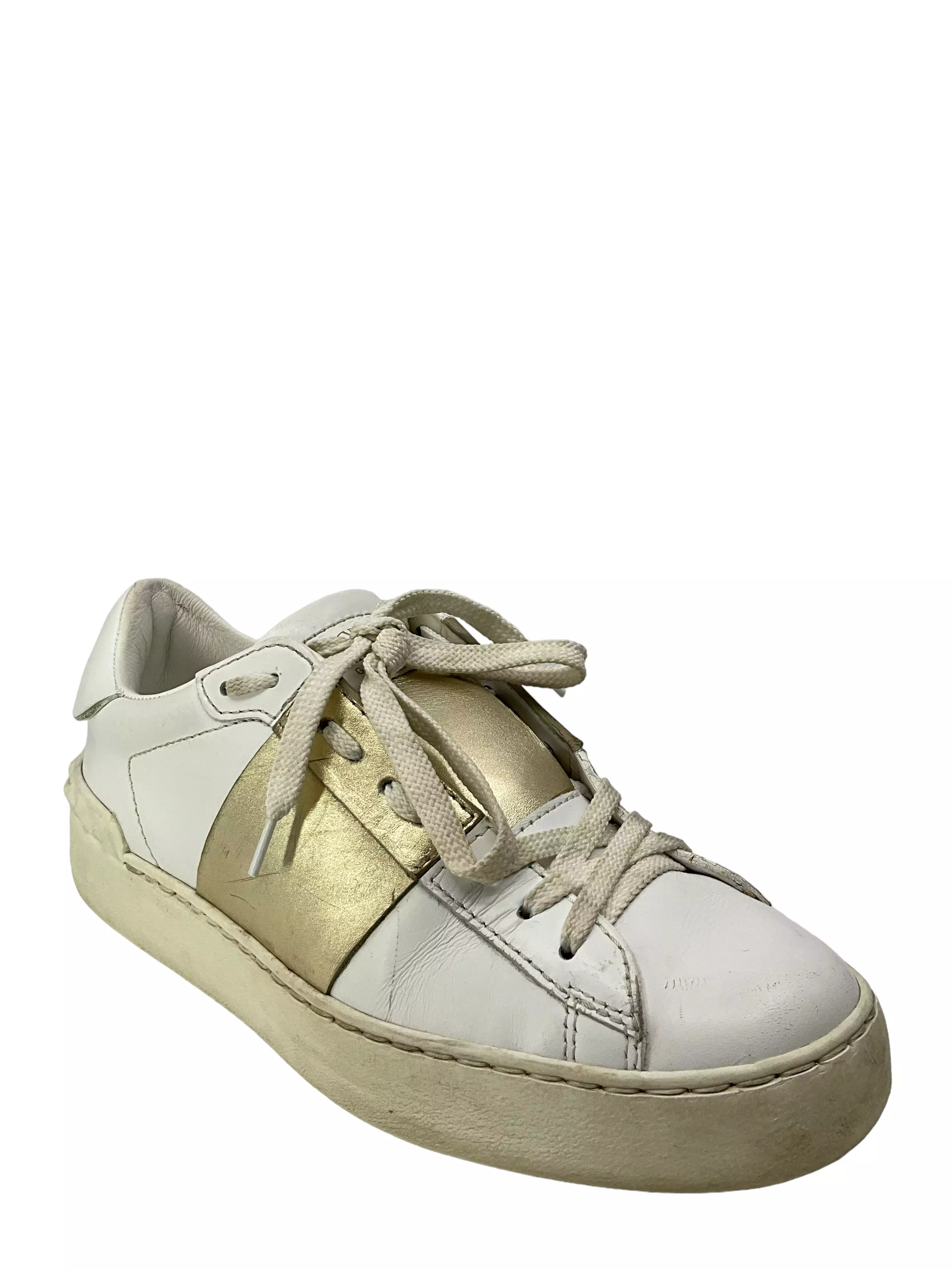 Valentino Garavani Rockstud white gold leather sneakers size 6.5 for sale.