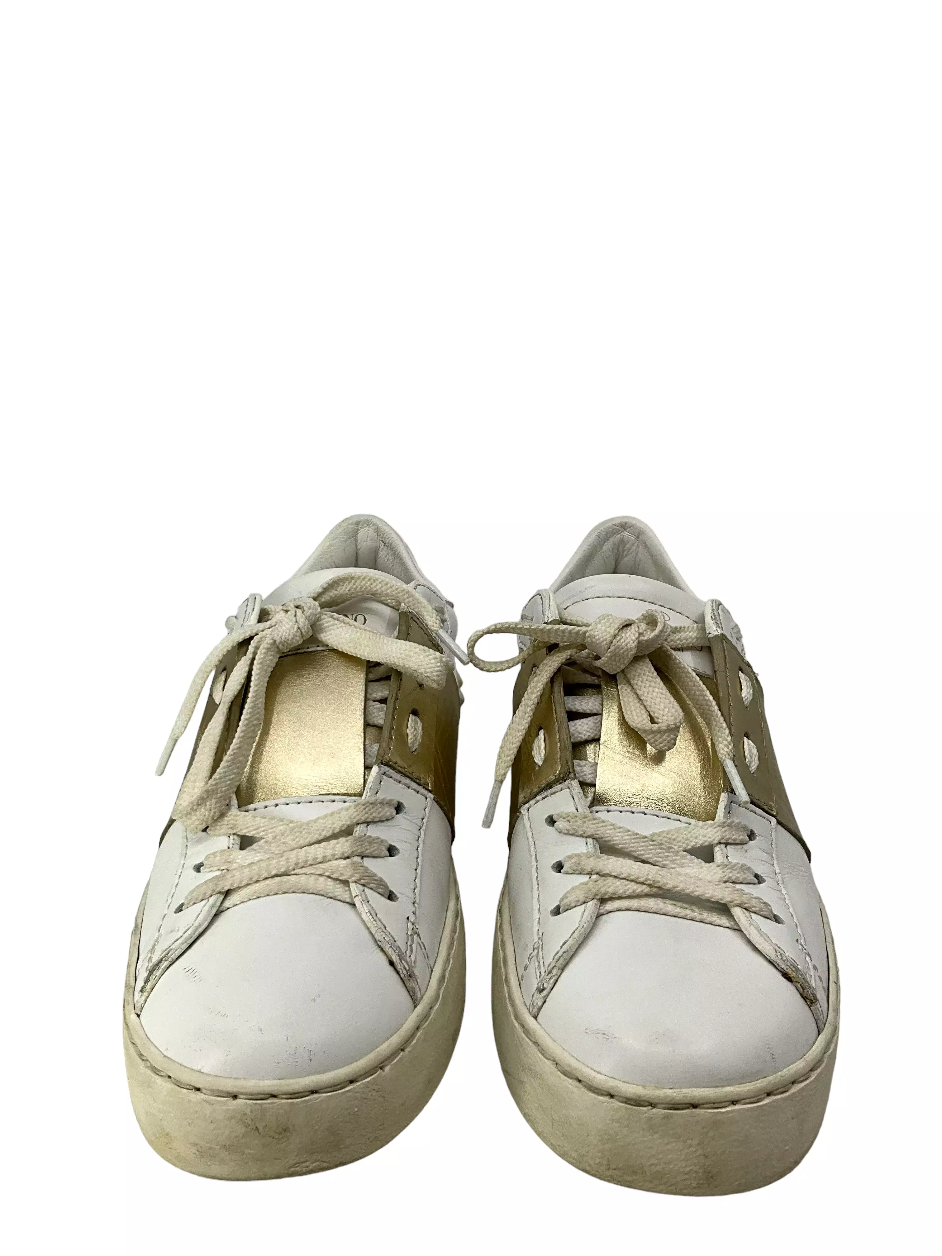 Valentino Garavani Rockstud white gold leather sneakers size 6.5 for sale.