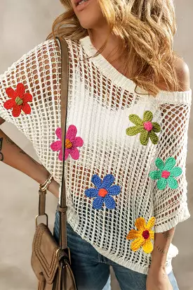 White Hollow Crochet Colorful Flower Loose Knit T-Shirt