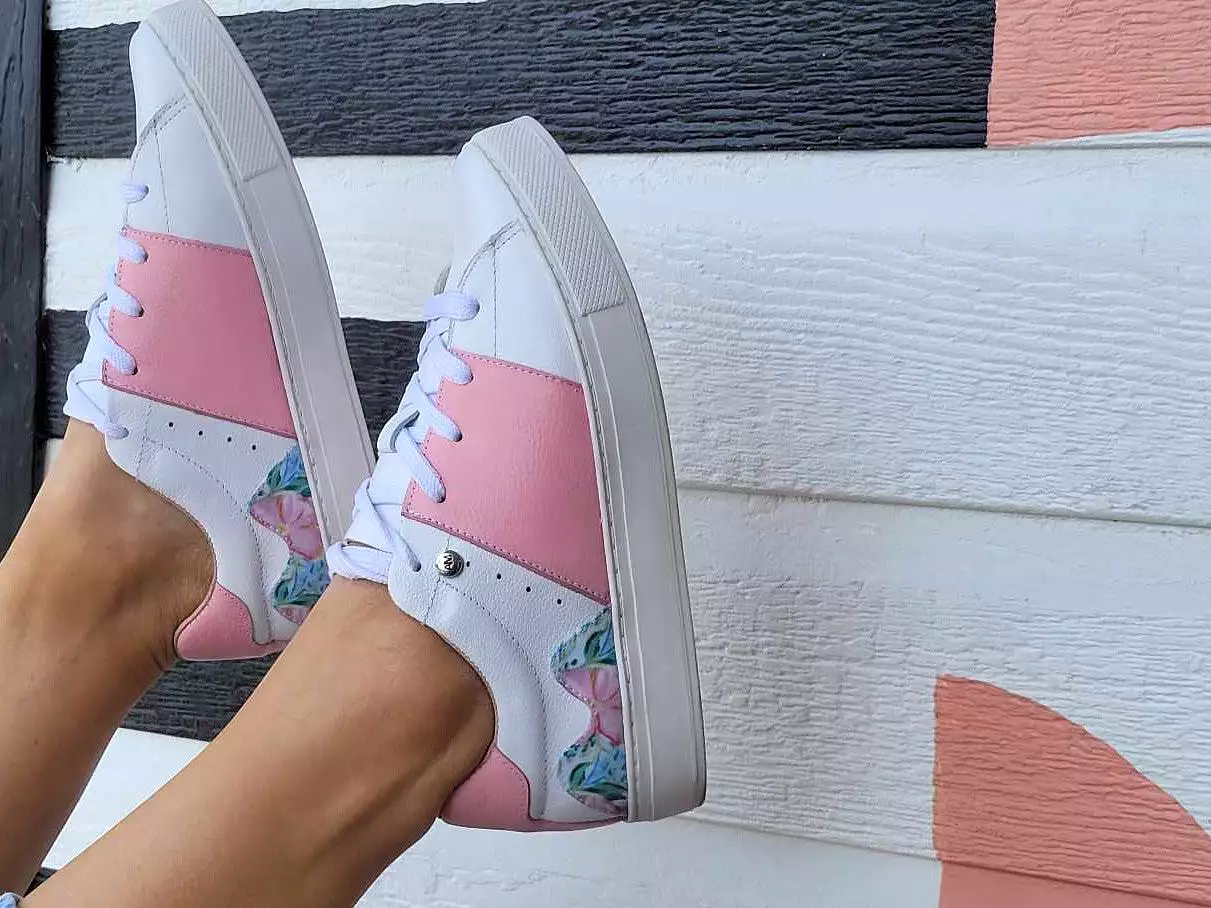 White Leather Sneakers with Pink Leather and Printed Canvas Flowers.