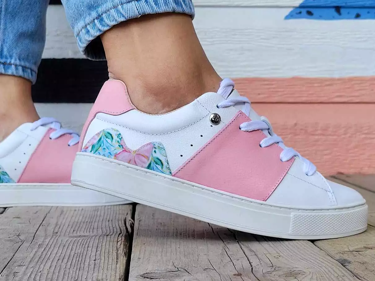 White Leather Sneakers with Pink Leather and Printed Canvas Flowers.