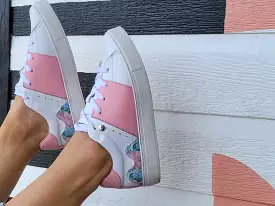 White Leather Sneakers with Pink Leather and Printed Canvas Flowers.