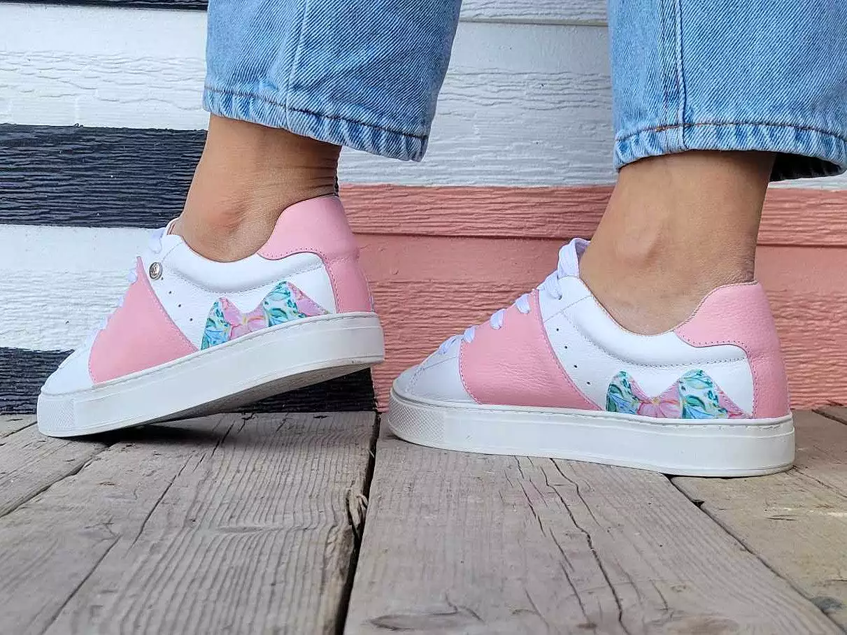 White Leather Sneakers with Pink Leather and Printed Canvas Flowers.