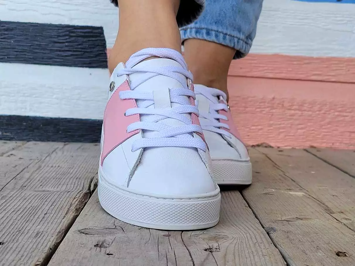 White Leather Sneakers with Pink Leather and Printed Canvas Flowers.