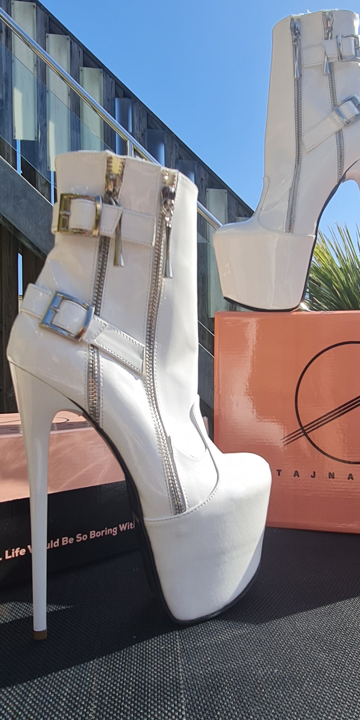 White Rocker Double Zip Belted Boots High Heel