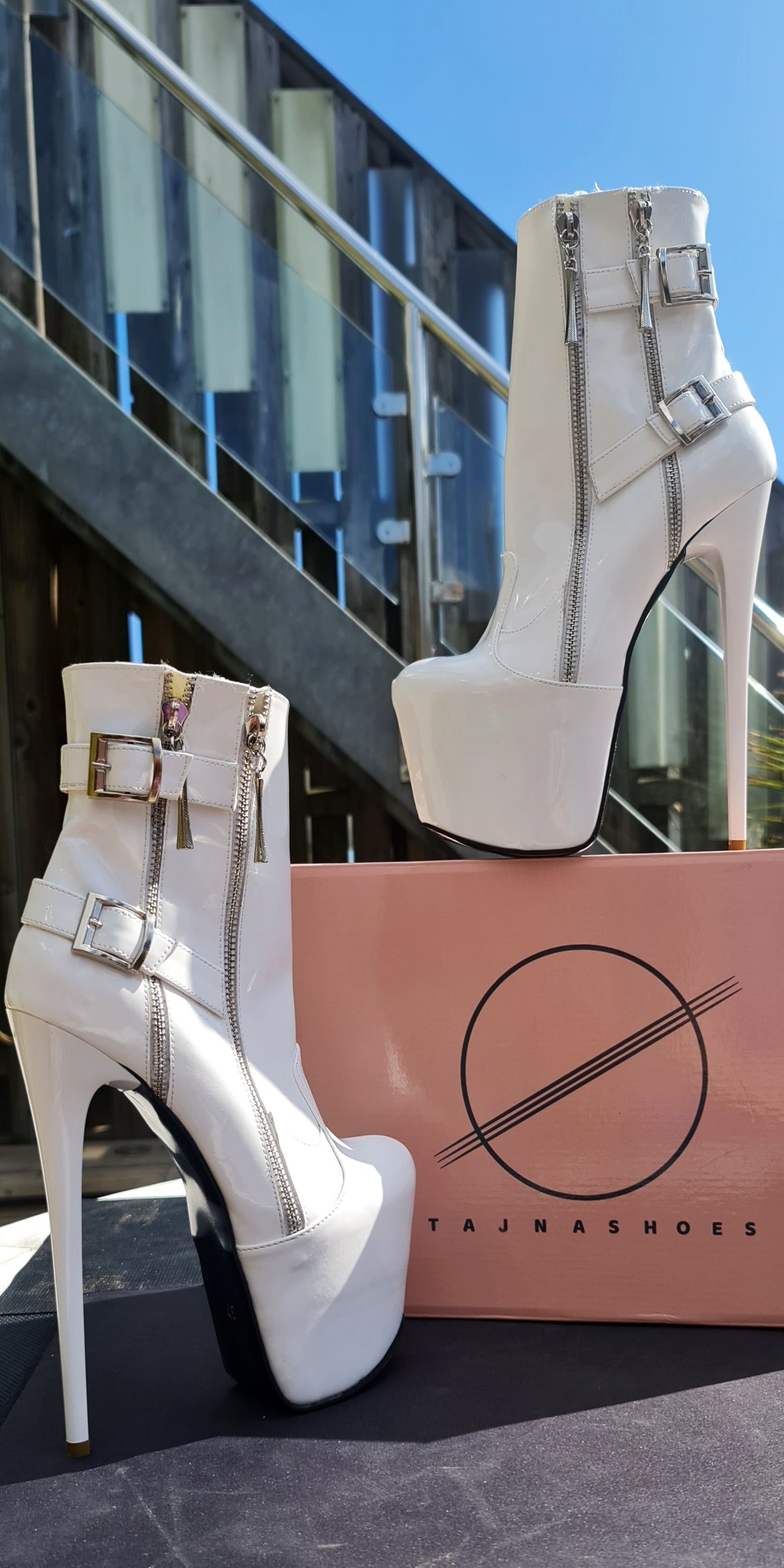 White Rocker Double Zip Belted Boots High Heel