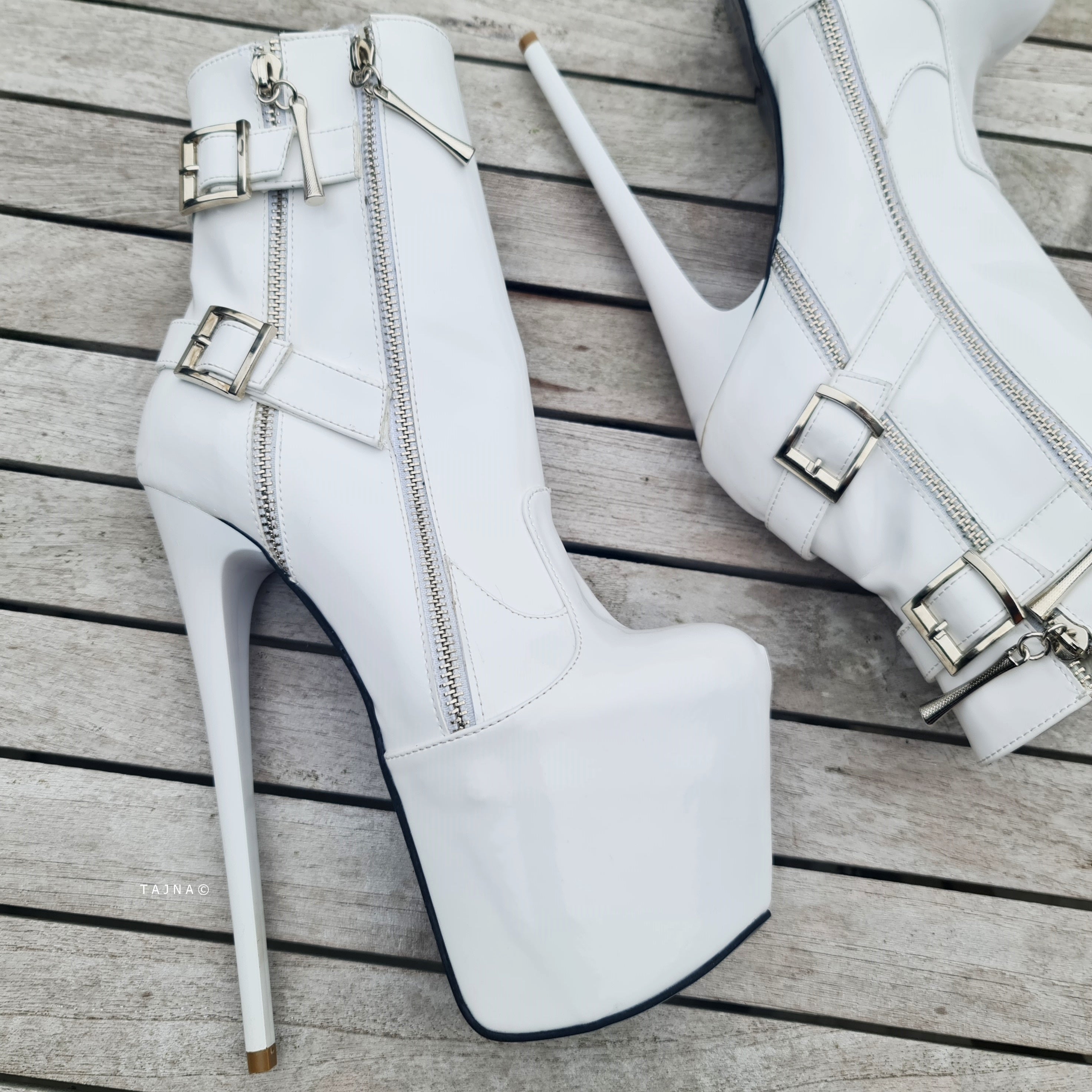 White Rocker Double Zip Belted Boots High Heel