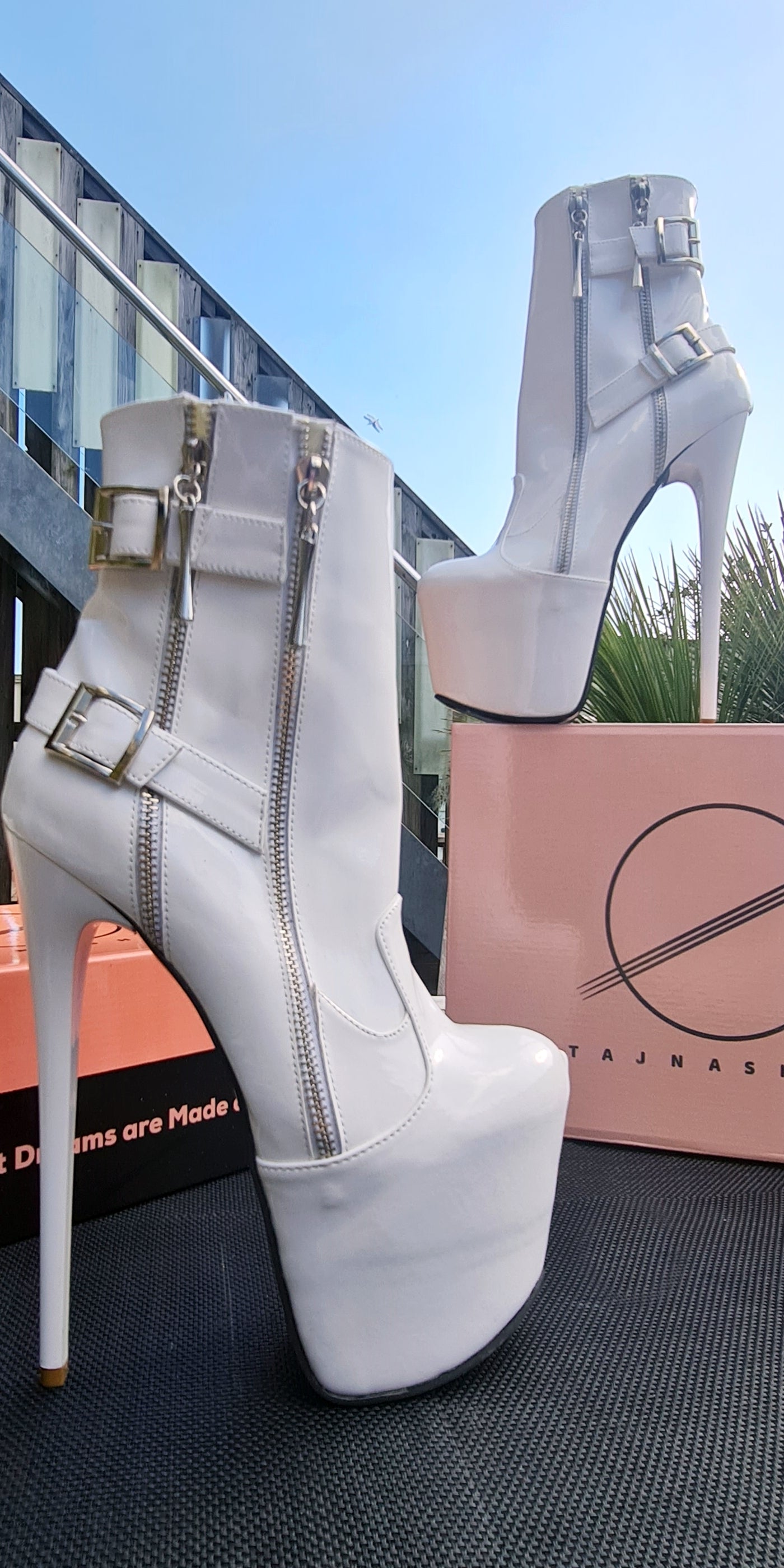 White Rocker Double Zip Belted Boots High Heel