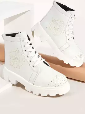 White Women Winter High Top Chunky Lace Up Casual Boots for Outdoors