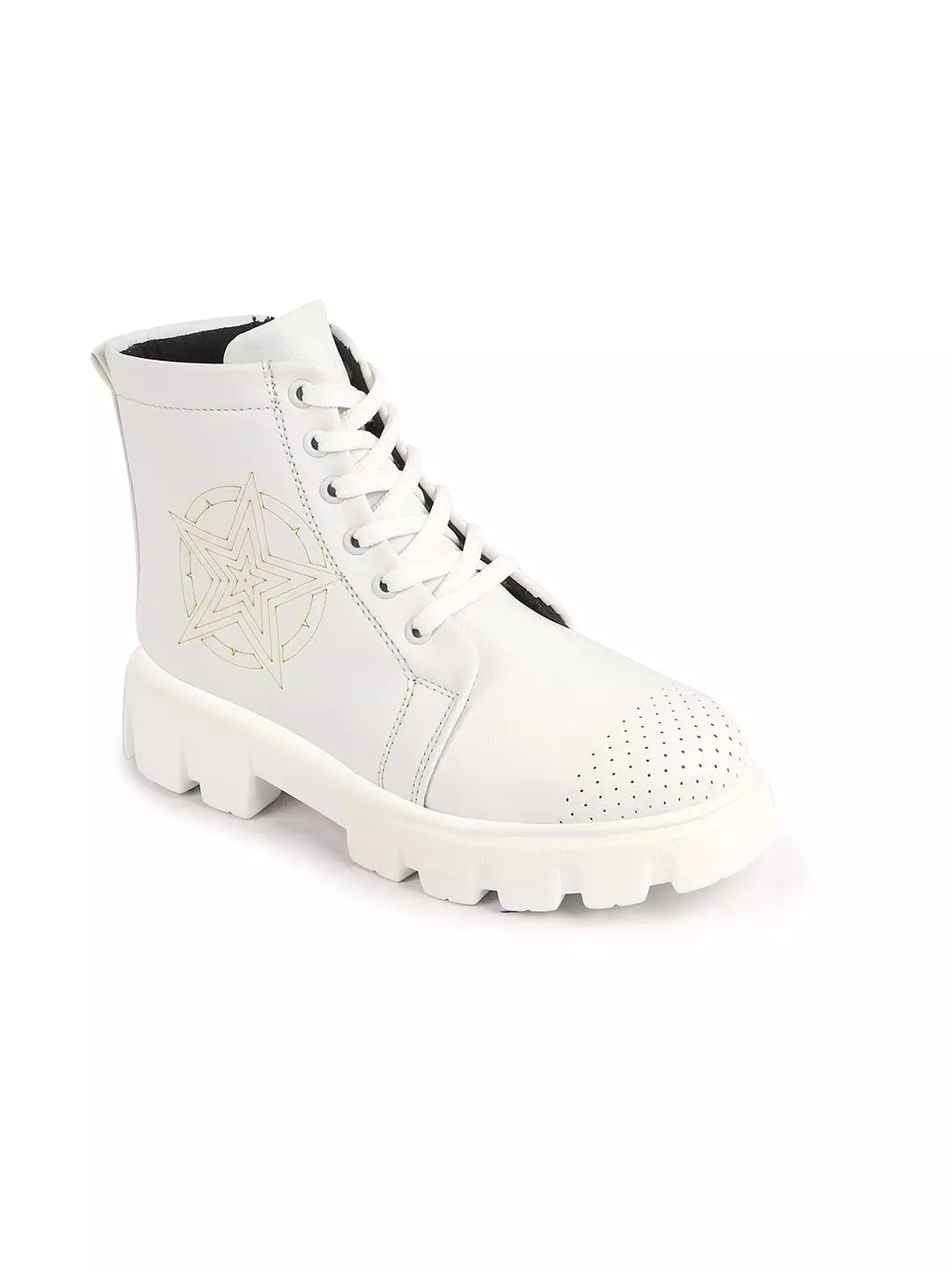 White Women Winter High Top Chunky Lace Up Casual Boots for Outdoors