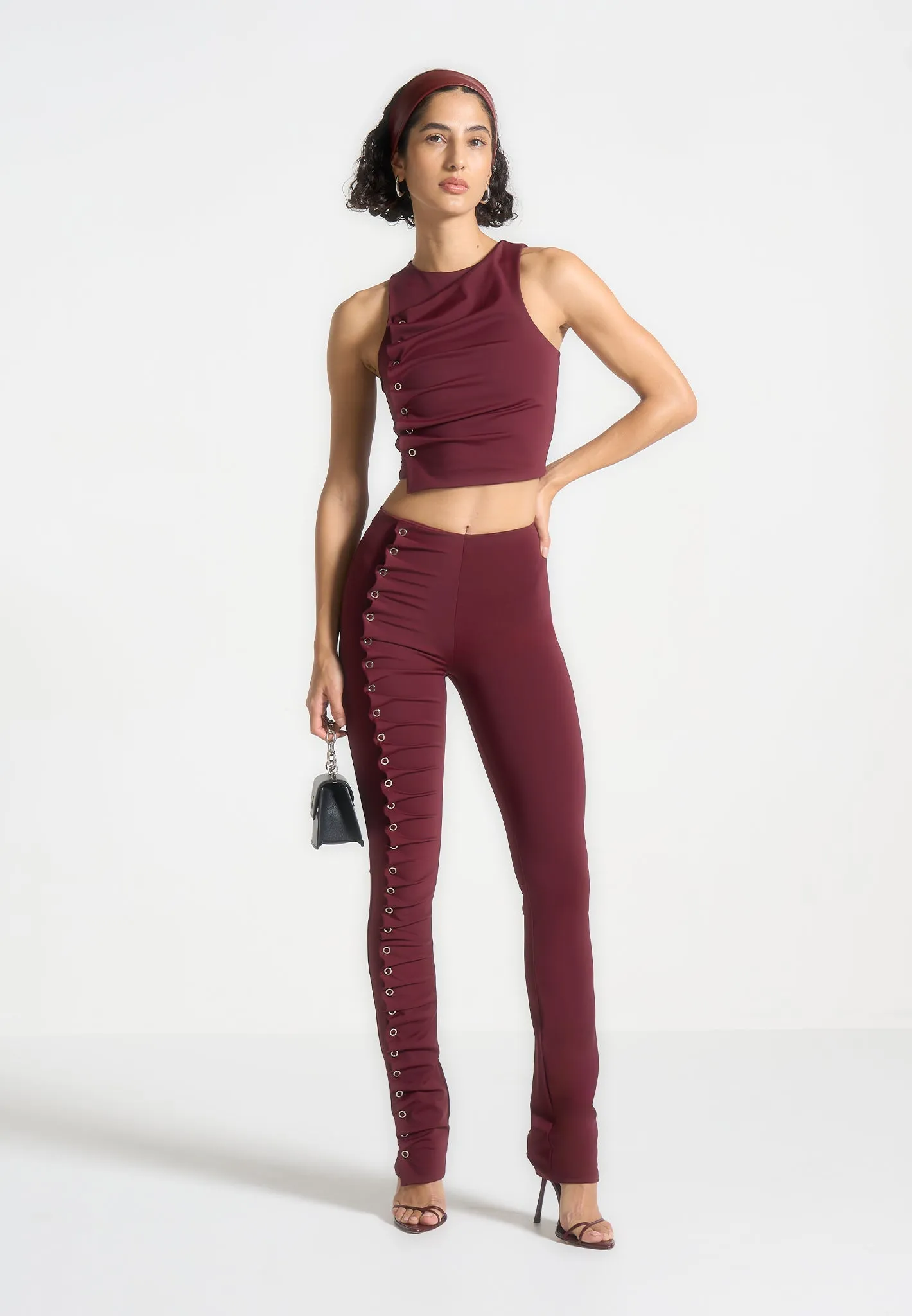 Wine Red Eyelet Detail Tacked Leggings