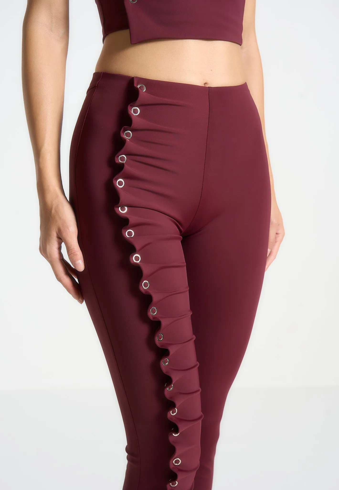 Wine Red Eyelet Detail Tacked Leggings