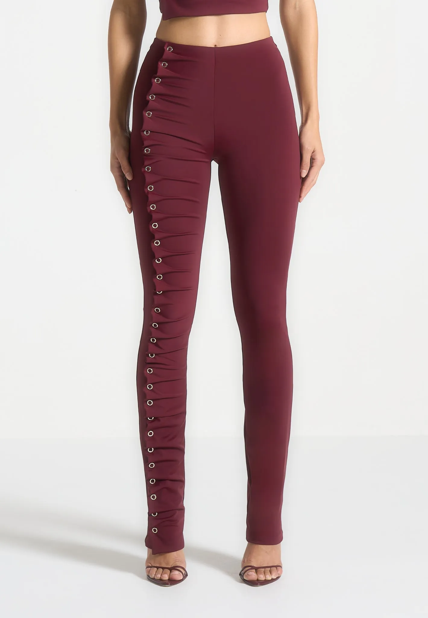 Wine Red Eyelet Detail Tacked Leggings