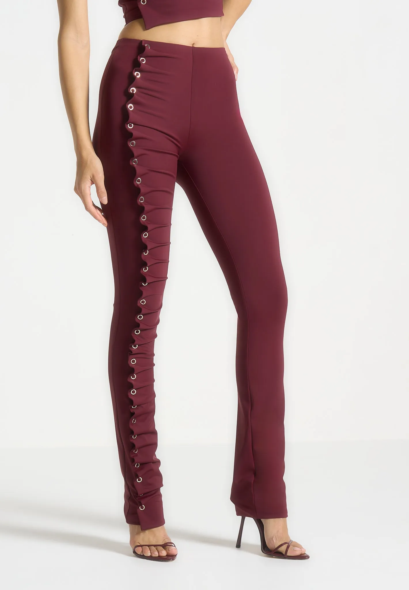 Wine Red Eyelet Detail Tacked Leggings