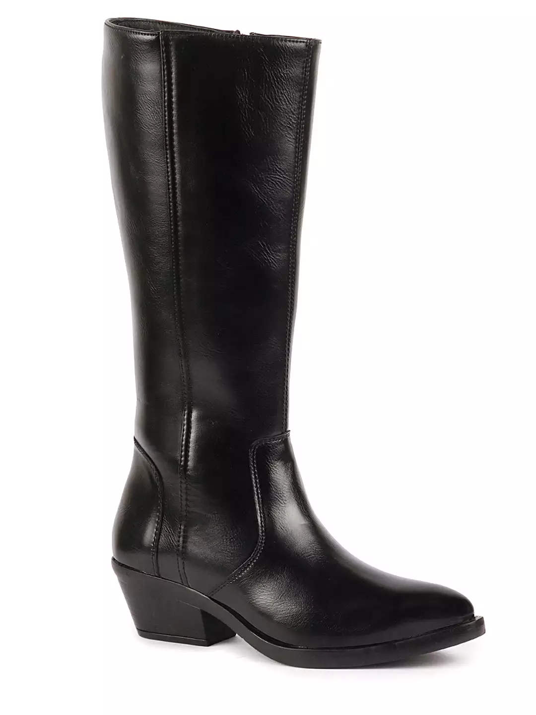 Women Black Ankle Boots with Side Zipper Closure, Pointed Toe, and Flared Heel for Knee Length