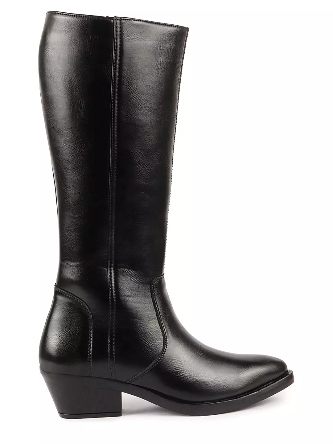 Women Black Ankle Boots with Side Zipper Closure, Pointed Toe, and Flared Heel for Knee Length