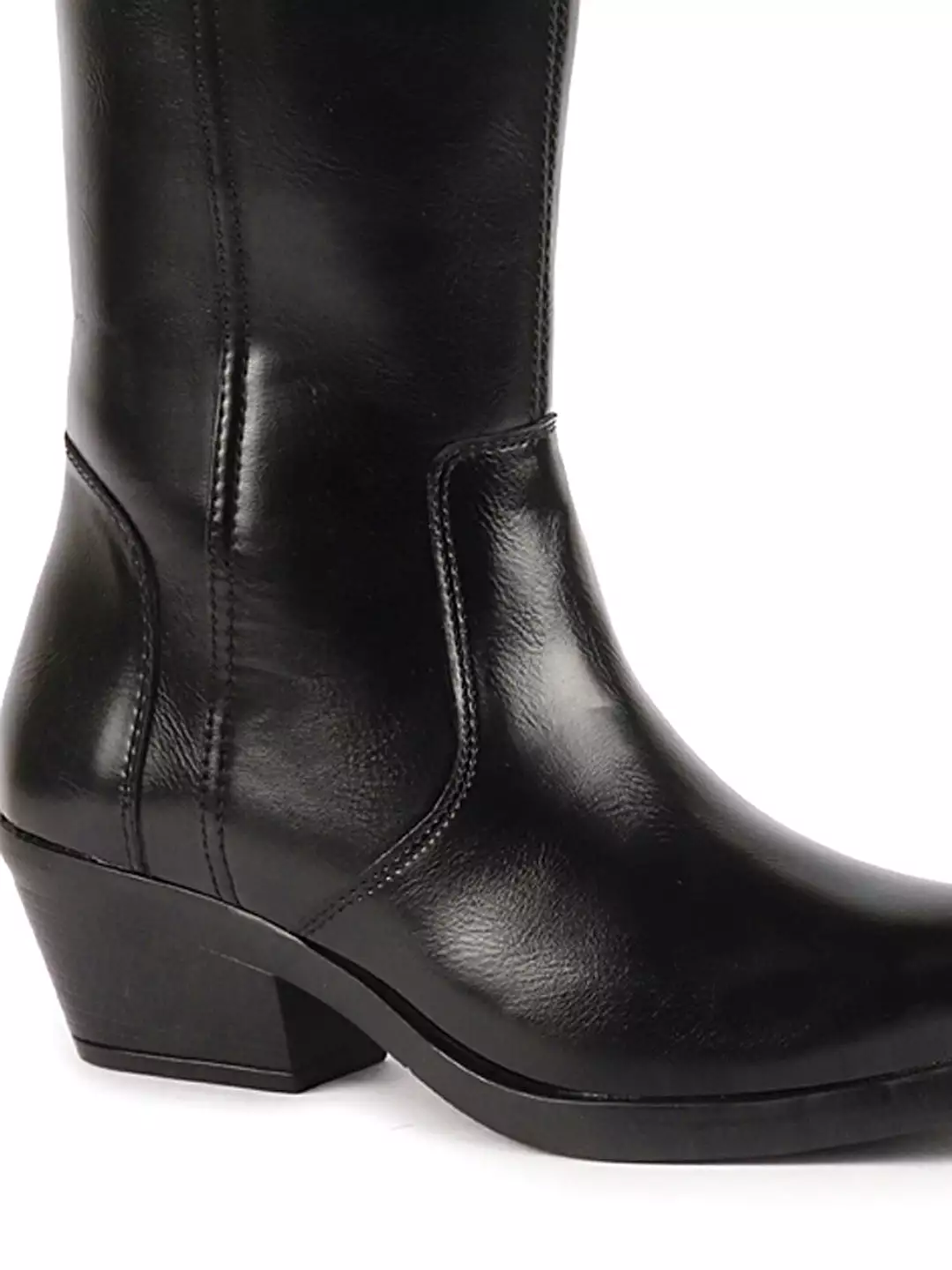 Women Black Ankle Boots with Side Zipper Closure, Pointed Toe, and Flared Heel for Knee Length