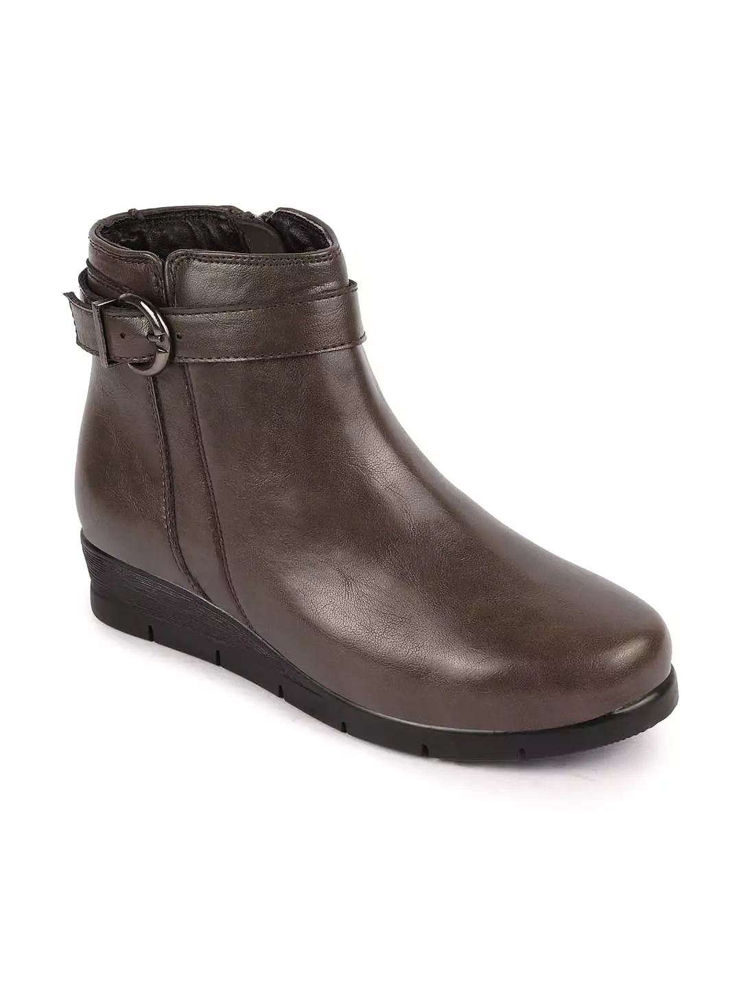 Women Gray Ankle Boots with Side Zipper and Buckle Closure