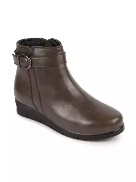 Women Gray Ankle Boots with Side Zipper and Buckle Closure