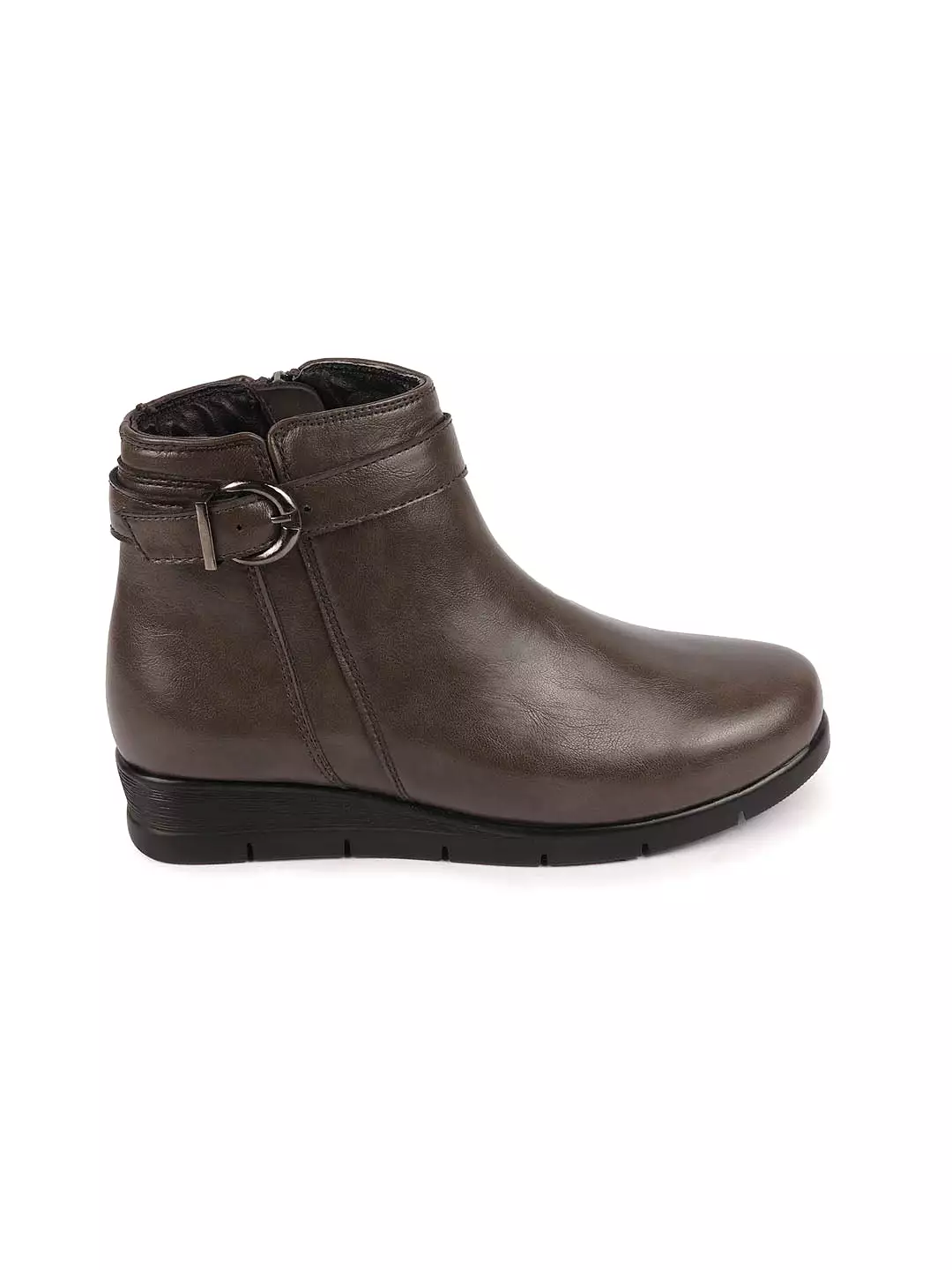 Women Gray Ankle Boots with Side Zipper and Buckle Closure